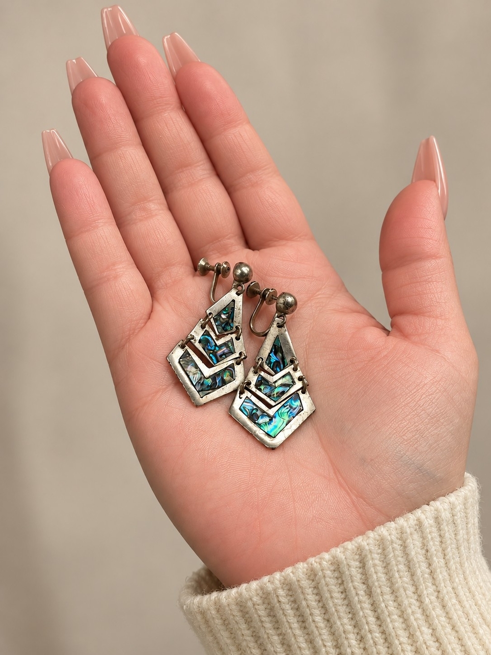 Vintage Taxco Sterling Silver Abalone Geometric Dangle Earrings • Mexican Modern